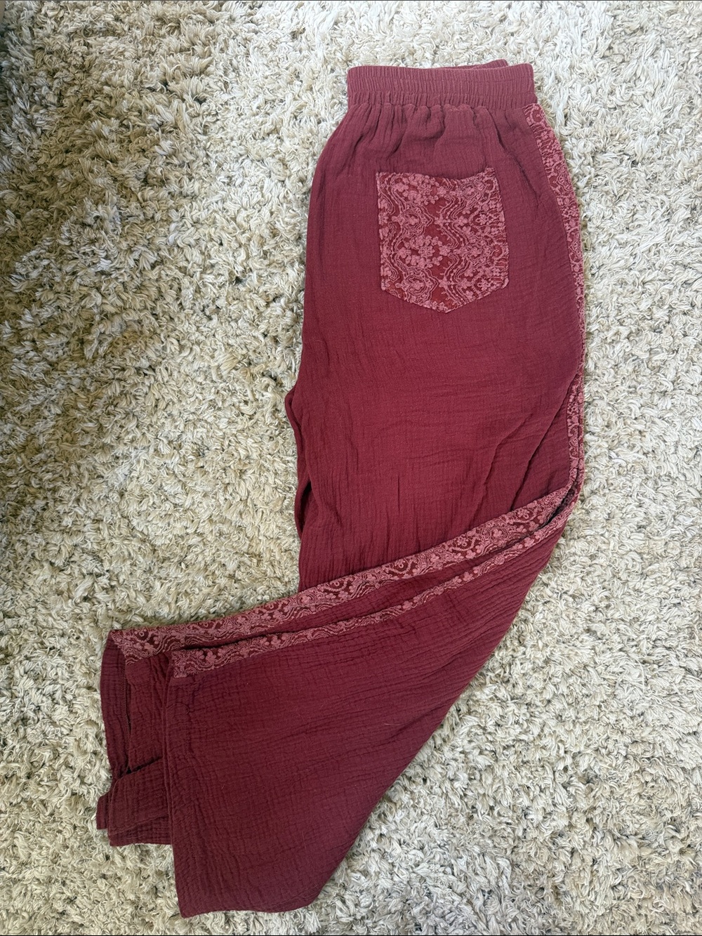Boho Lace-Trim Gauze Pants in Deep Wine